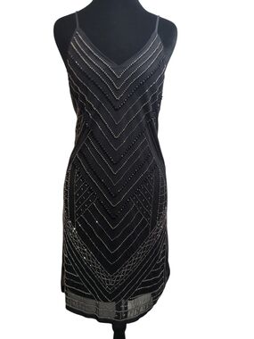 Express Black Beaded Cocktail Dress Medium Art Deco Flapper Slip Party Gatsby